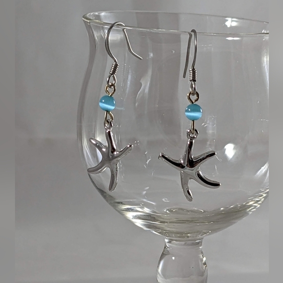 Dancing Starfish earrings with blue cats eye. Made in the USA - Picture 3 of 5